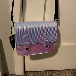 Iridescent Pink-Purple Holographic Crossbody Bag with Black Strap